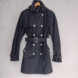 Calvin Klein Trench Coat Womens L Black Hooded Belted Double Breasted Goldtone
